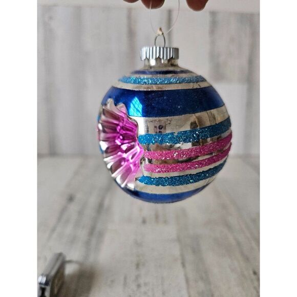 Vintage radko shiny Brite reflector blue striped ball ornament Xmas tree - Picture 3 of 10
